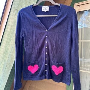 Blue Cardigan with Pink Heart Pockets